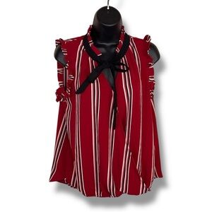 Medium Burgundy Red Striped Blouse Ruffle Accent Tie Neckline Accent Sleeveless